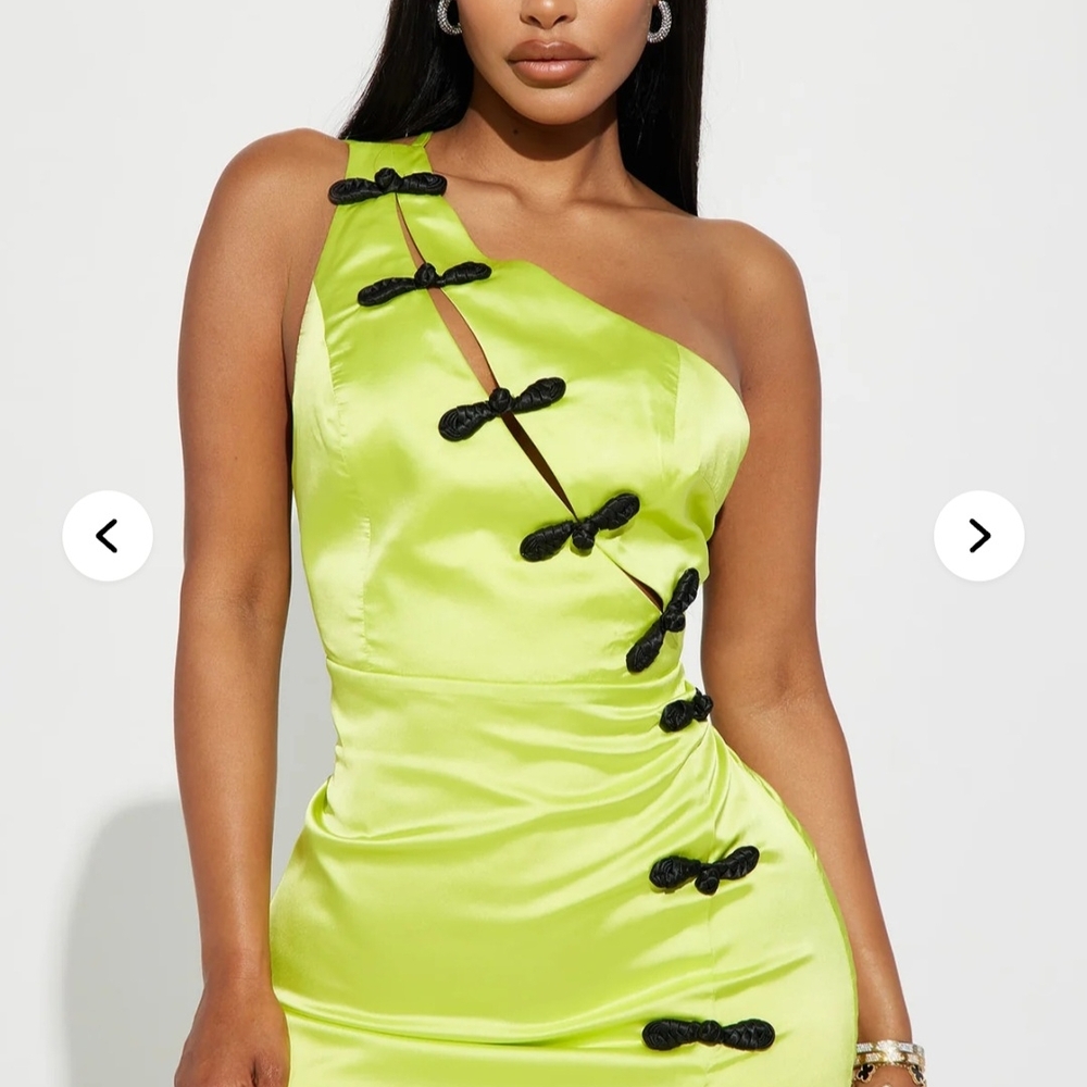 One-Shoulder Lime Dress with Black Accents